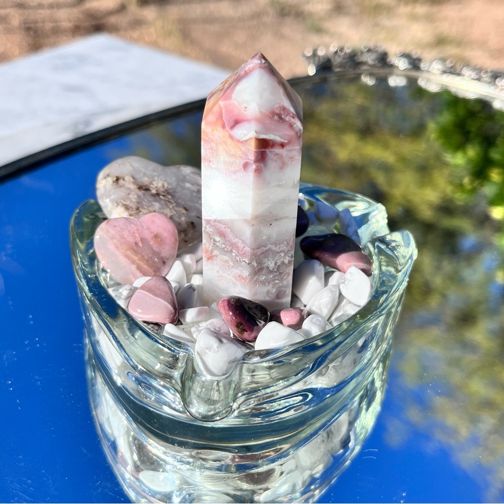 Crazy Lace Agate Point, Mookite Jasper, Howlite Tumbles, Pink Opal & Agate Heart